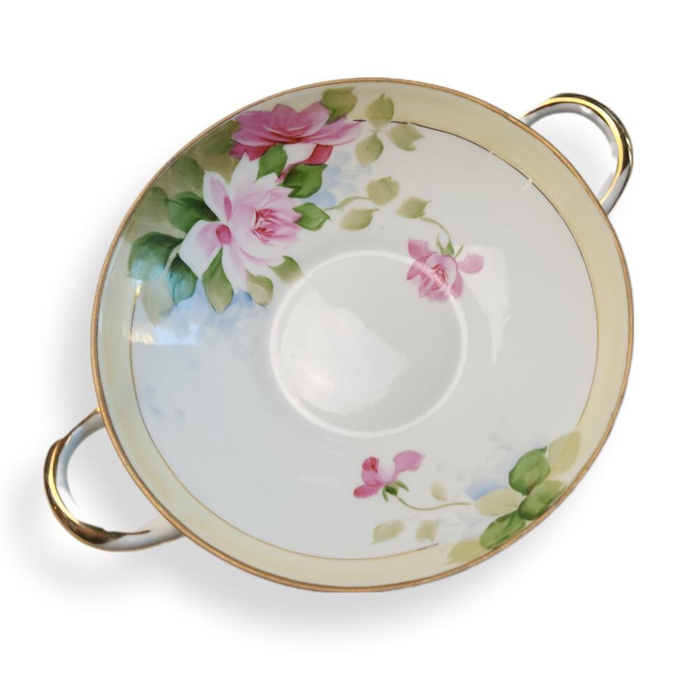 Beautiful Antique Nippon Bowl Hand Painted Roses Pink Gold Green